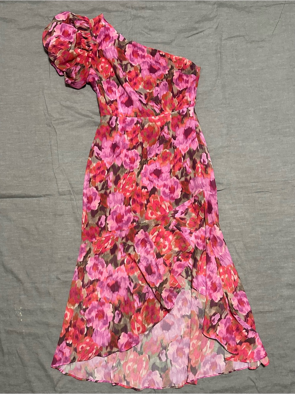 Showpo One-Shoulder Floral Midi Dress in Pink and Red